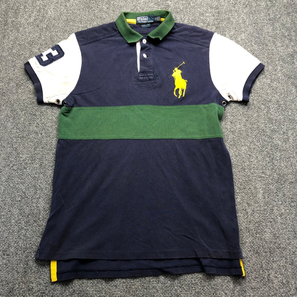 Polo Ralph Lauren Mens Custom Fit Colorblock Polo Navy Green Yellow Big Pony M